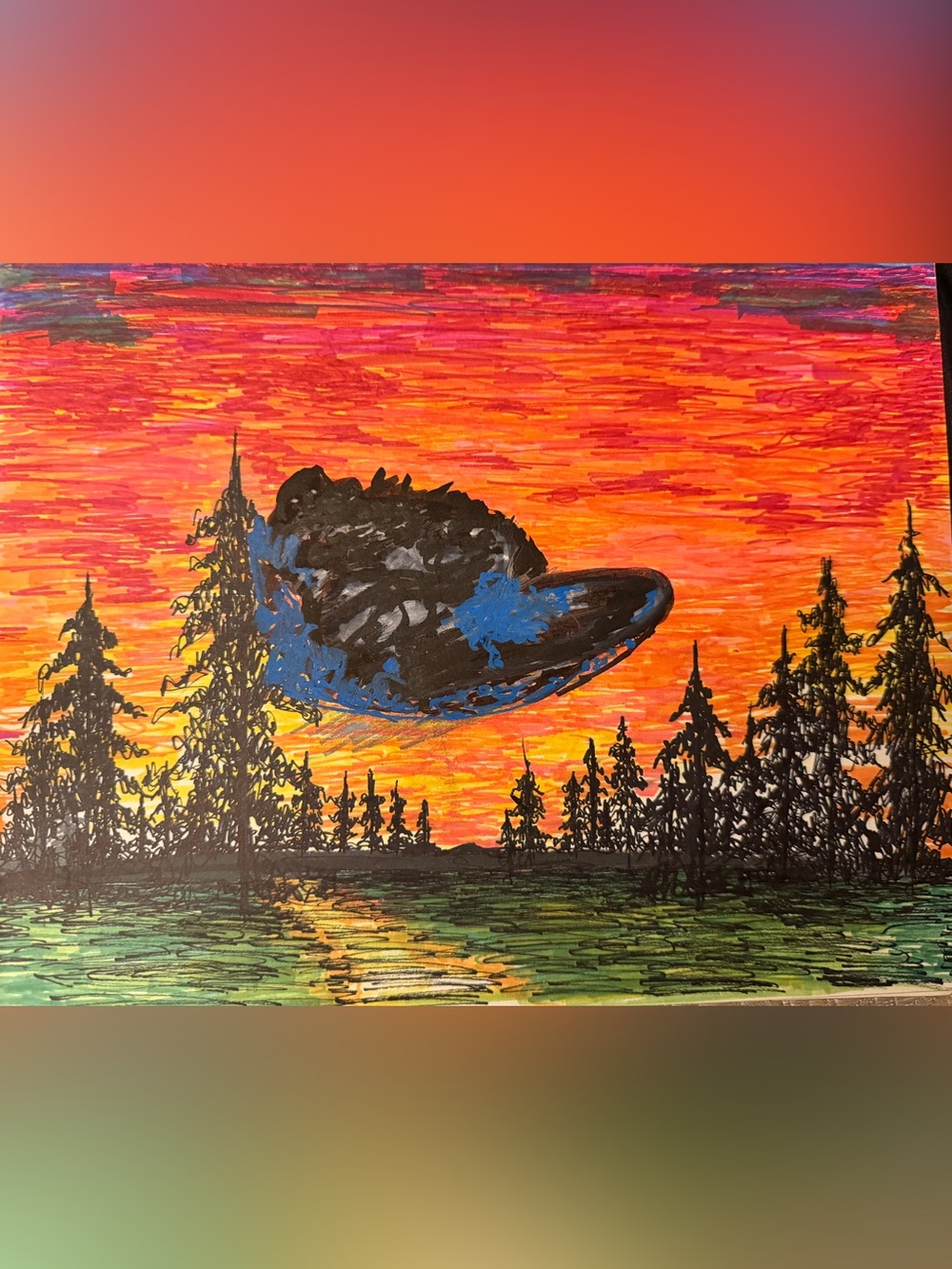 Sunset Sky Art handmade oil / acrylic painting   with Blue and Black Accents
